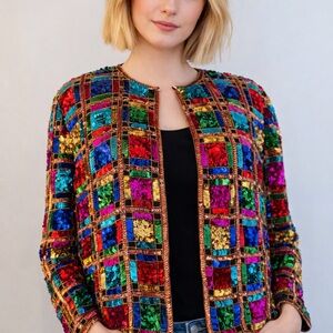 VTG 80s PAPELL BOUTIQUE 100% SILK Sequined Blazer Jacket Womens Sz L Retro Glam